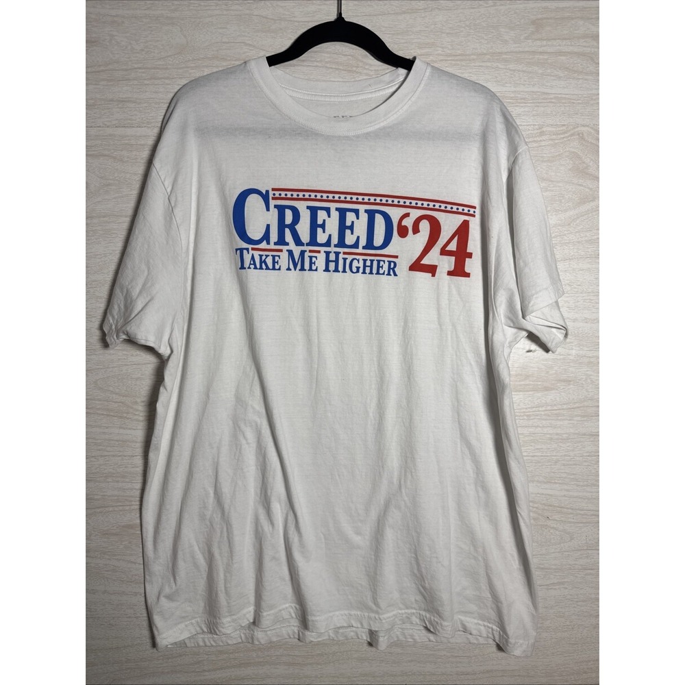white Creed '24 t-shirt Bands Name And Slogan Red And Blue Sz XL